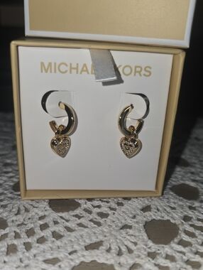 Michael Kors Gold Heart Drop  Earrings with Crystal Accents